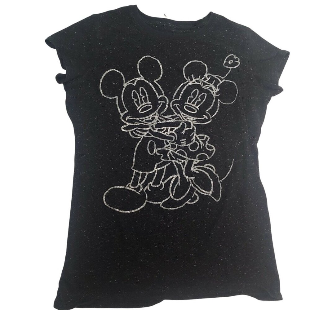 Disney Parks Authentic Woman L T Shirt Black Silver Glitter Mickey Mouse Minnie